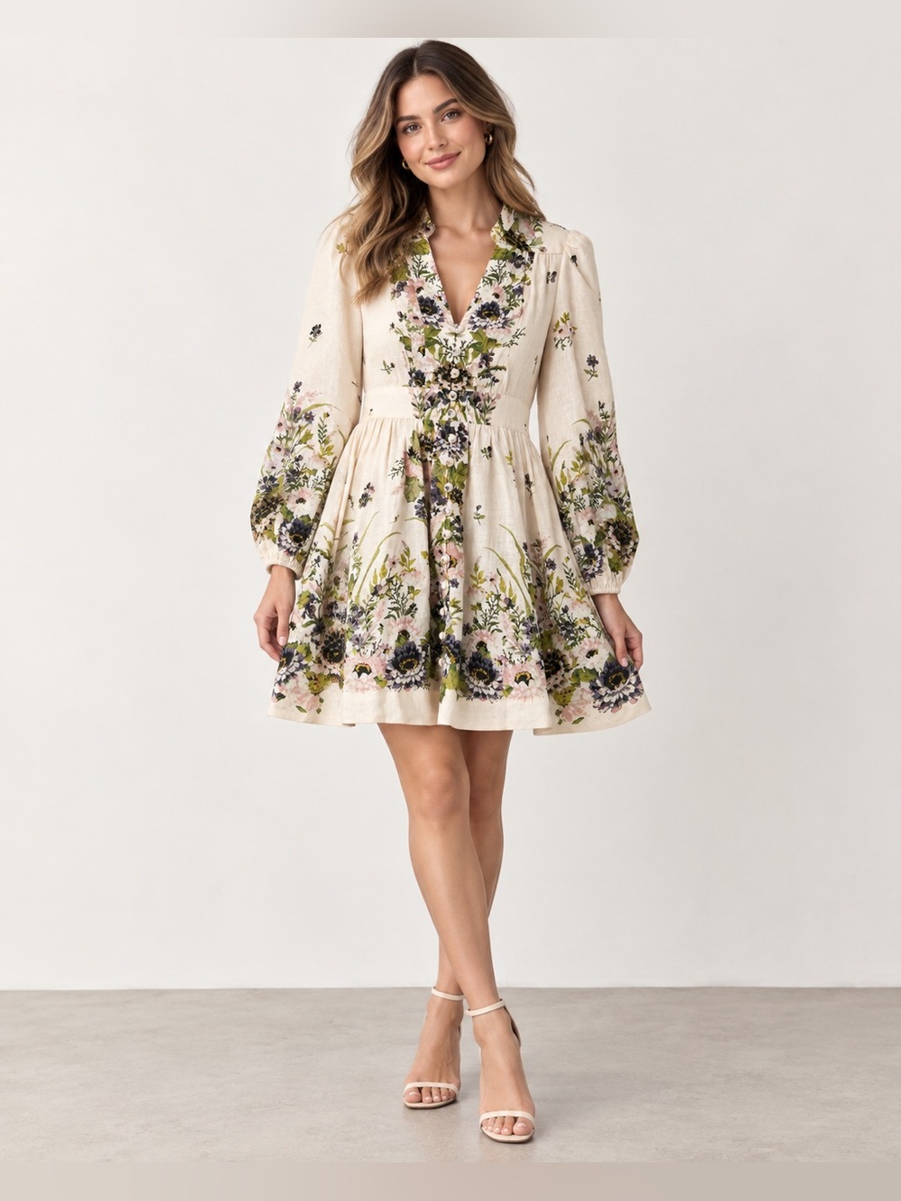 Zimmermann Halliday Plunge Mini Dress Cream Multi Floral Linen Size 1/US Size 6